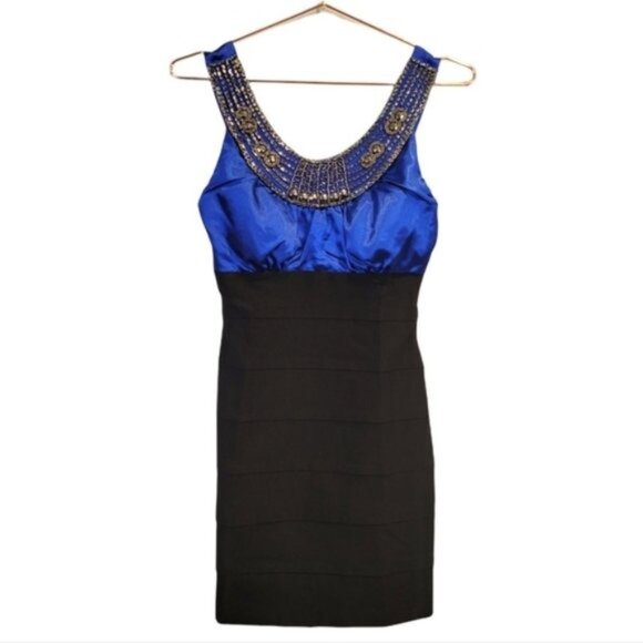 Trixxi | Beaded Round Neckline Cocktail mini Bandage Bodycon Dress Blue Black - Picture 1 of 6
